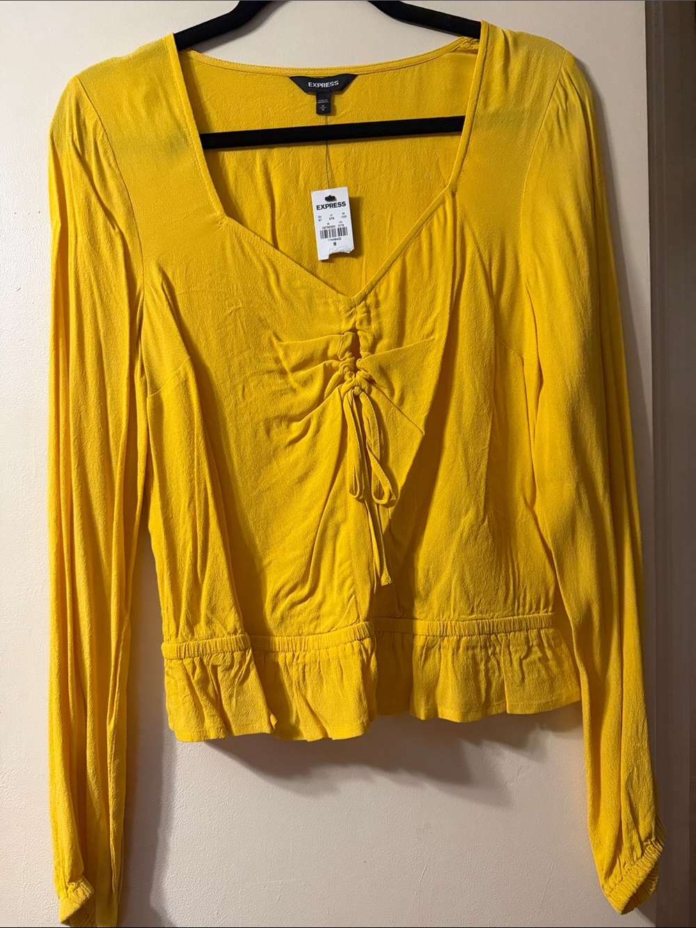 Express Yellow Long Sleeve Ruched Tie Front Top
